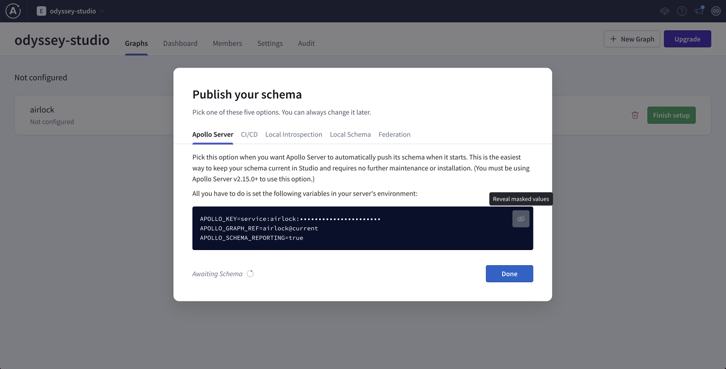 The Publish your schema modal, showing our graph's environment variables