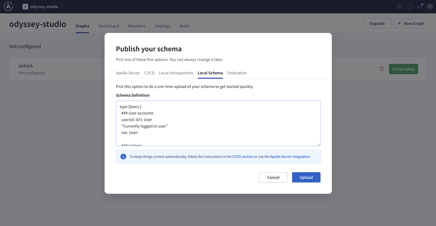 The Publish your schema modal, showing the Local Schema text area where we can copy and paste our monolith schema