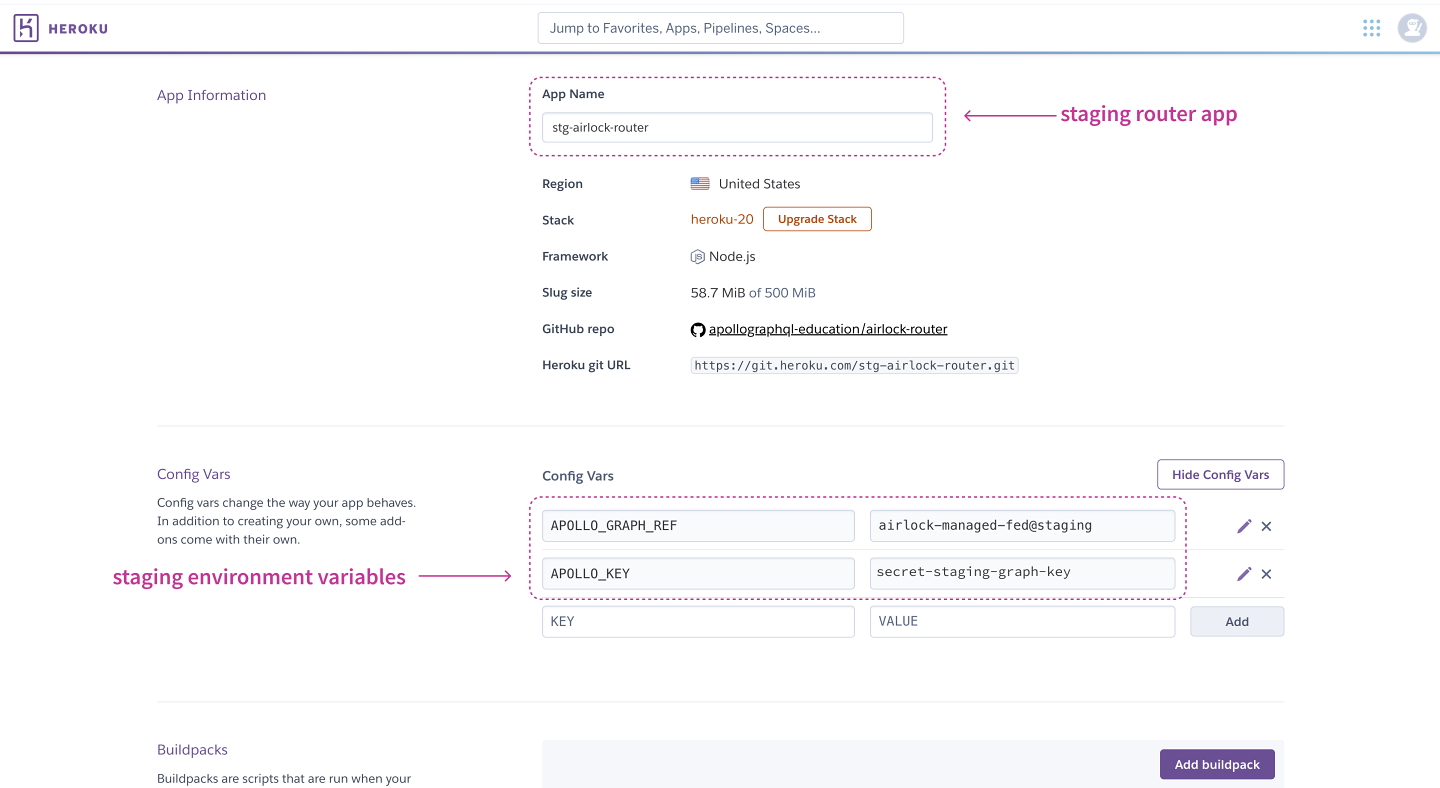 Screenshot of Airlock's staging app on Heroku, displaying the staging environment variables that have been configured