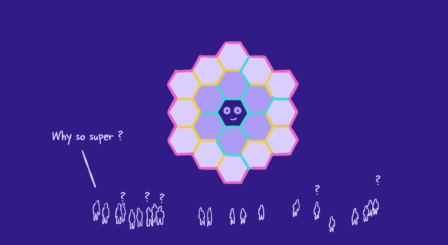 Illustration of a supergraph, made up of multiple hexagons representing subgraphs, with a crowd asking why so super?