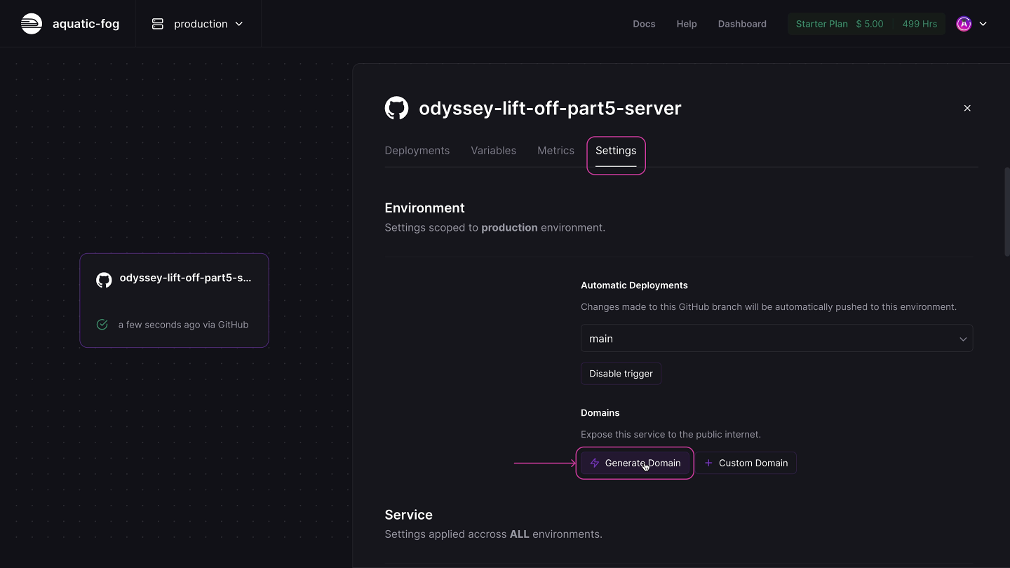 Railway project, under Settings tab, click Generate Domain