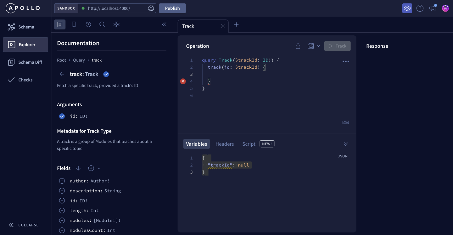 Screenshot of Apollo Studio Explorer with the Operation panel pre-filled with the `track` field