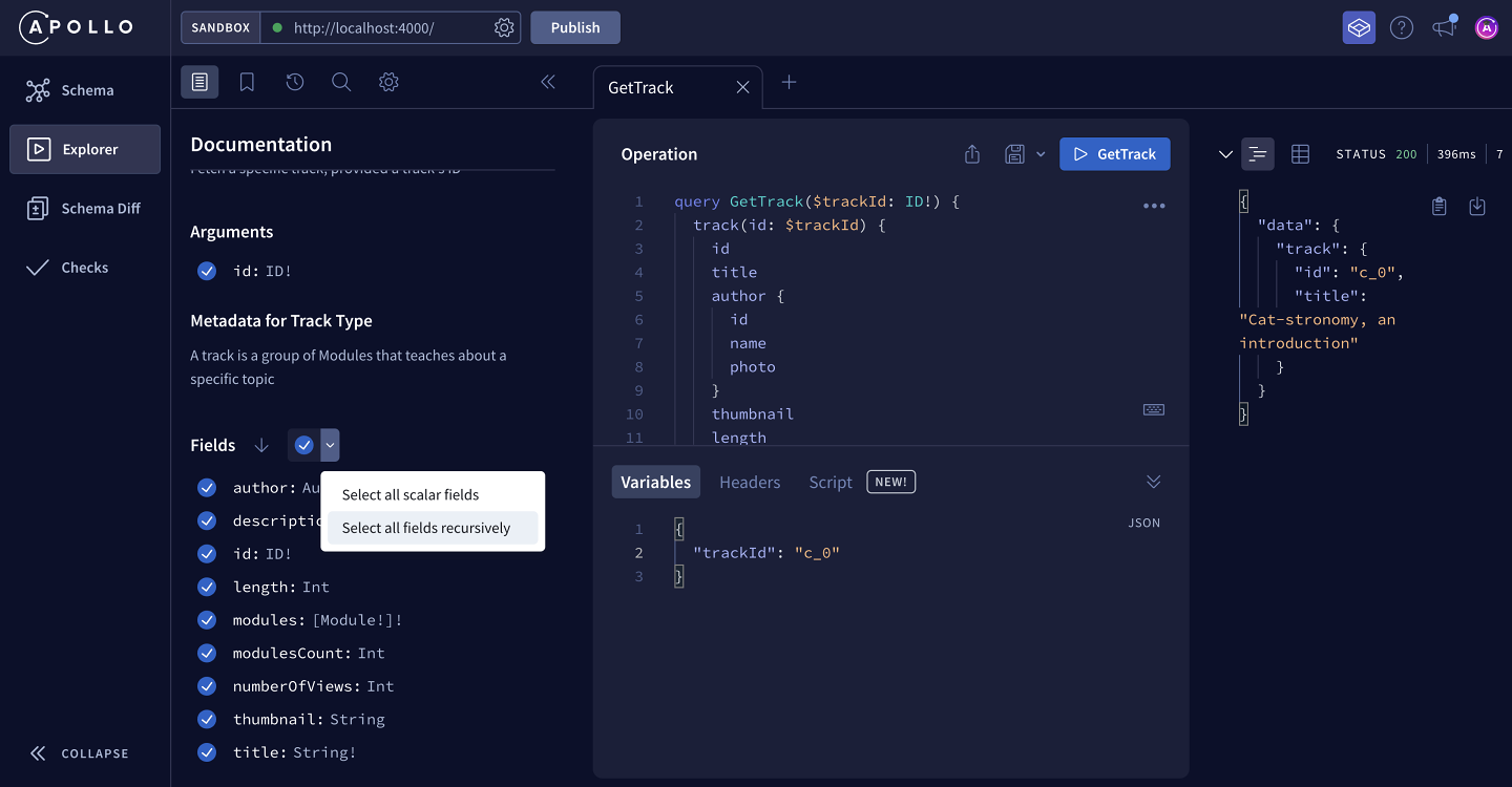 Screenshot of the Fields dropdown, selecting the option to add all fields recursively to our query