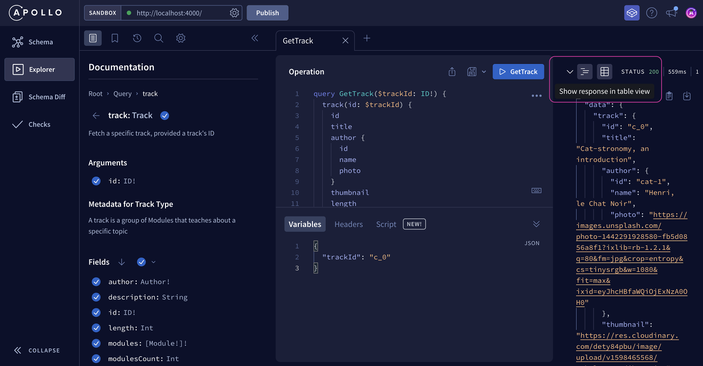 Screenshot of the Explorer highlighting how to format Response data in a table view