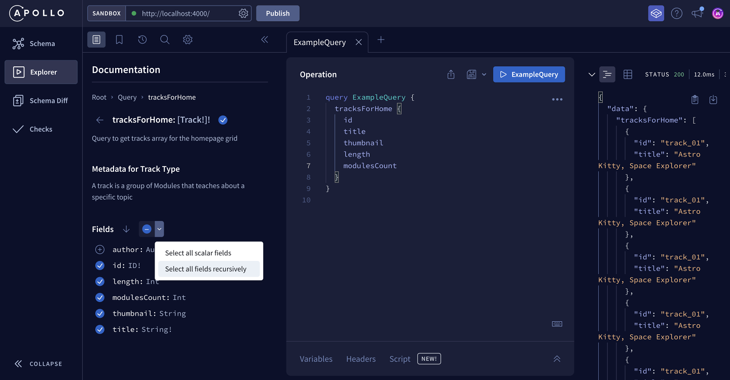 The Fields dropdown, showing the option to select all fields recursively