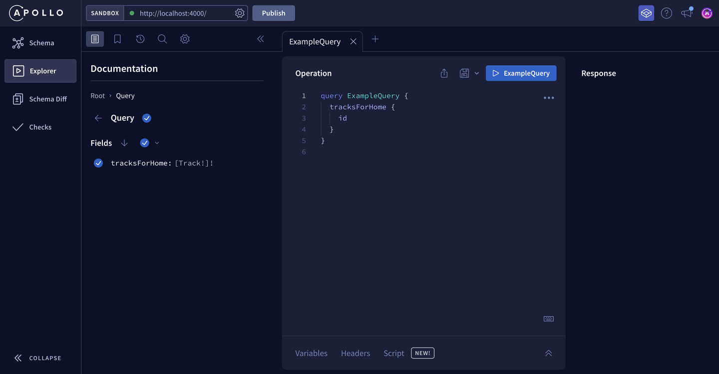 A screenshot of the Explorer interface in Apollo Sandbox. The UI has three main columns: Documentation, Operation, and Response.