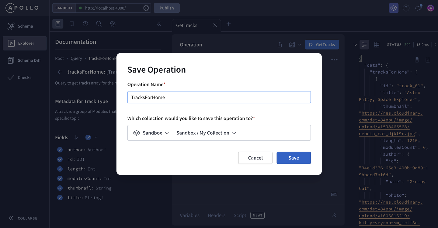 The Save Operation modal, with fields to name an operation and store it in a new default Sandbox collection