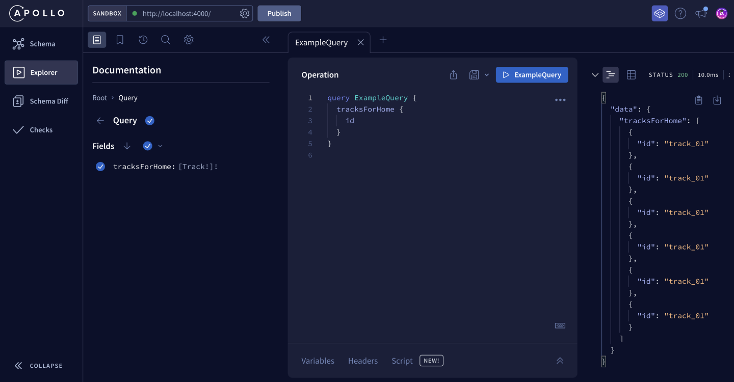 A screenshot of the Explorer interface after a query has been run. The Response panel now shows the JSON object for the data returned by the server.