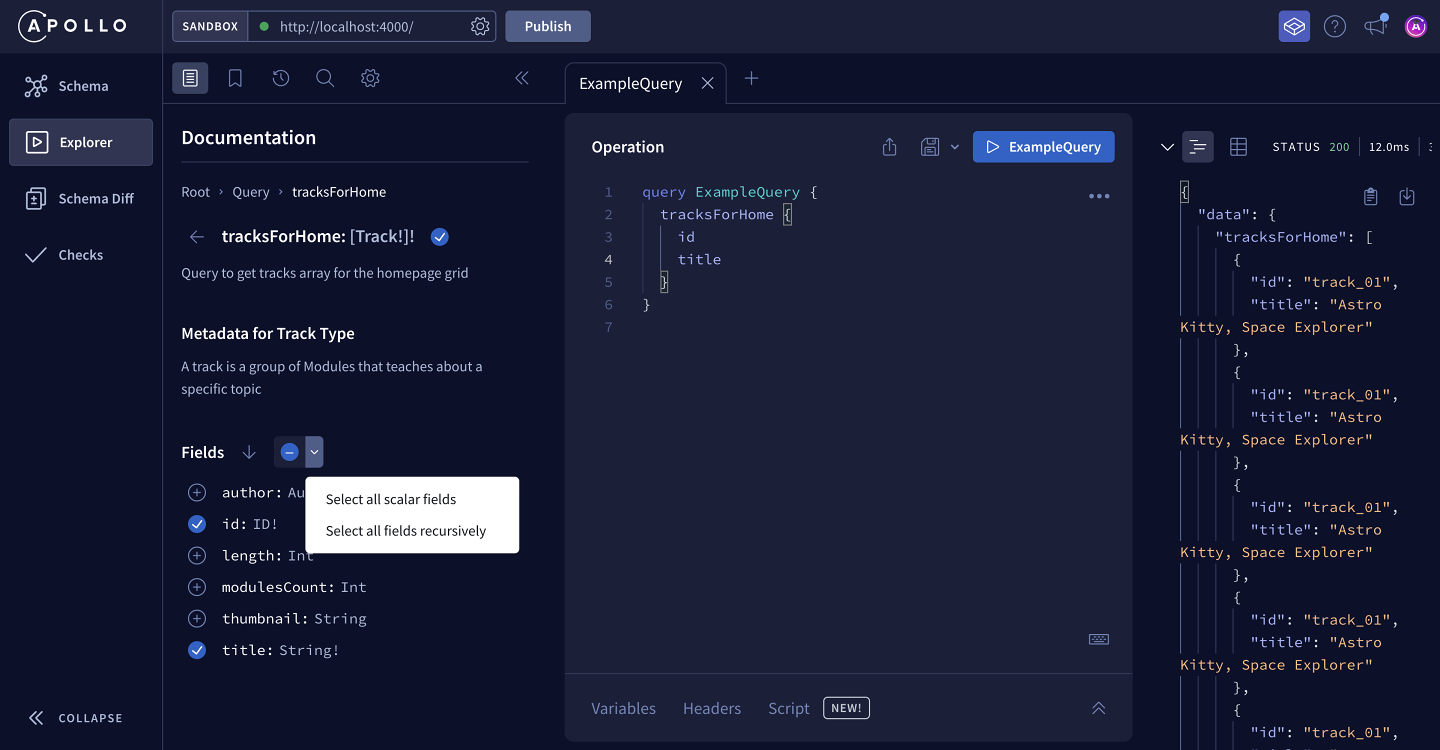 Opening the Fields dropdown to see options to add all fields to a query in Apollo Explorer