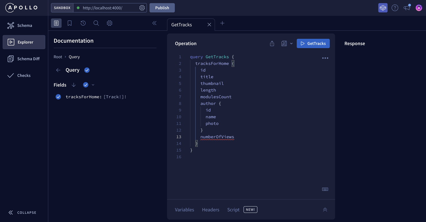 Screenshot of GraphOS Studio Explorer showing an invalid field, `numberOfViews`, underlined by a red squiggly line