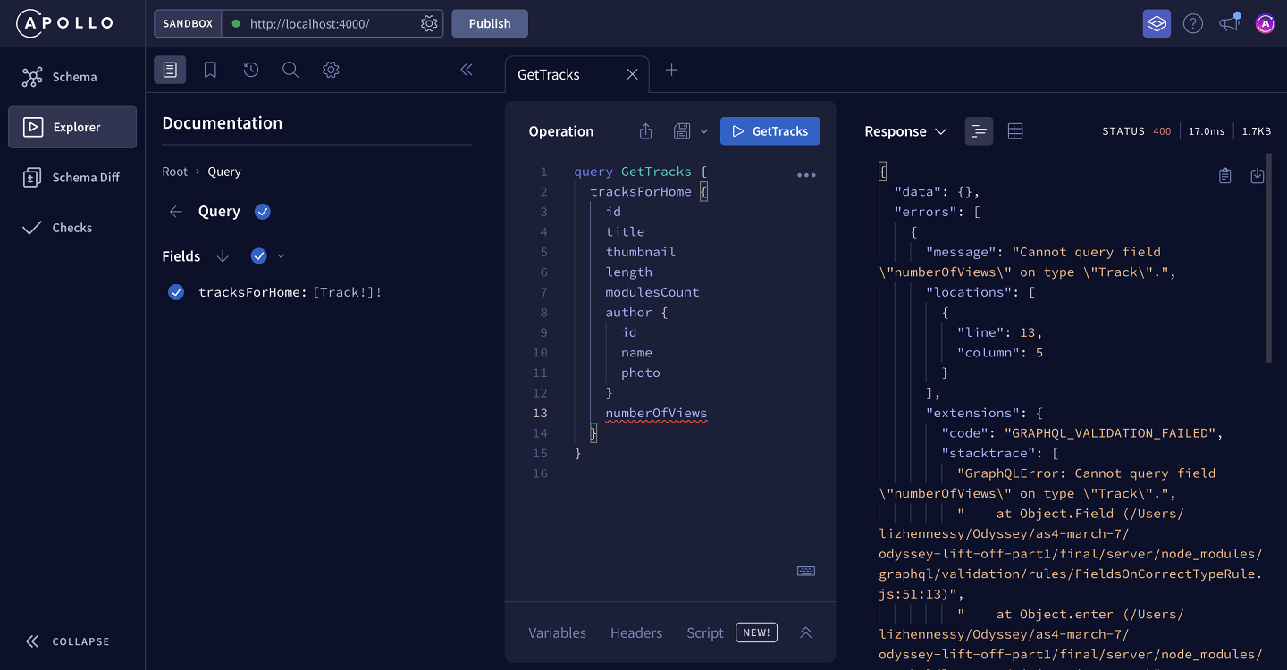 Screenshot of Apollo Studio Explorer showing the error we get in response to submitting a query with an invalid field