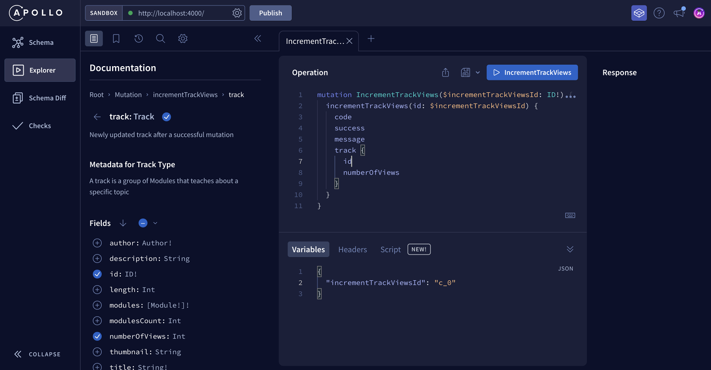 Screenshot showing the Operation panel in Explorer containing the completed mutation called IncrementTrackViews