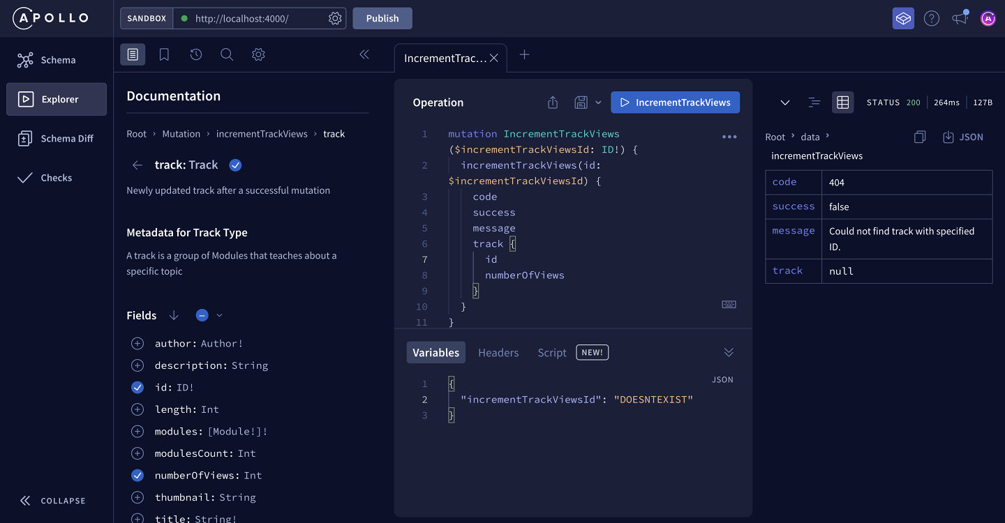 Screenshot of the Explorer showing a 404 response to the IncrementTrackViews mutation