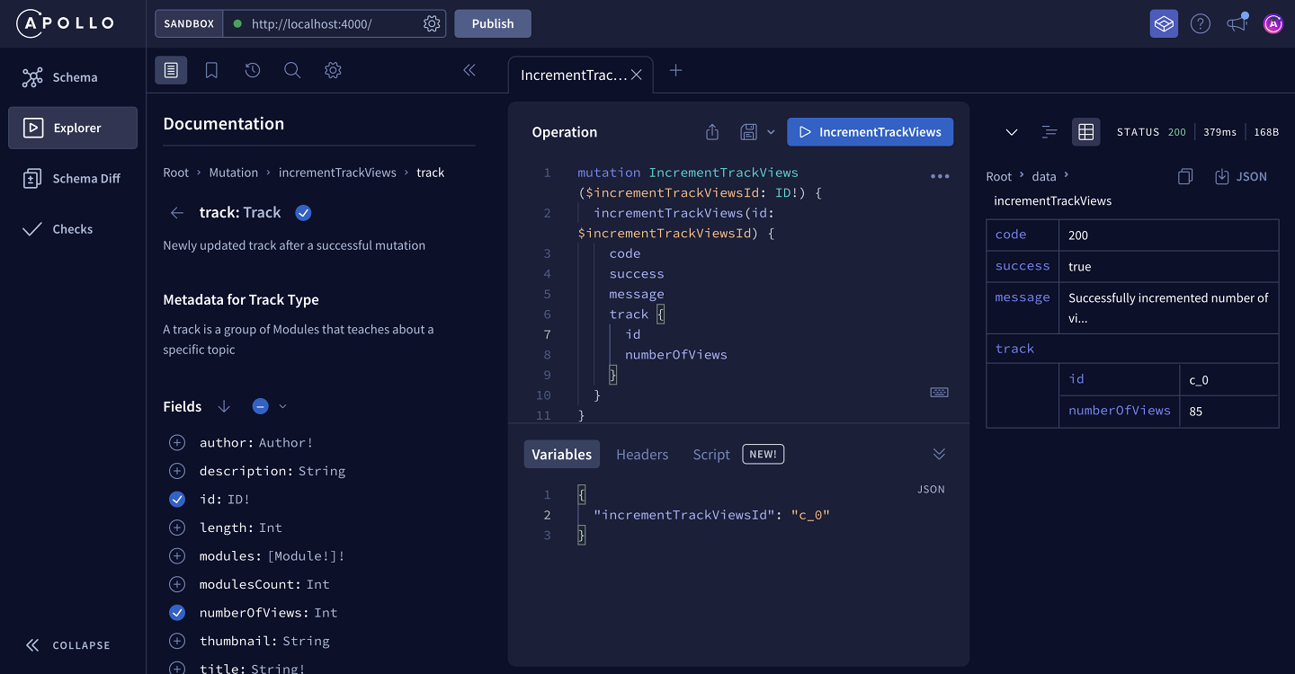 Screenshot of the Explorer showing a successful response to the IncrementTrackViews mutation