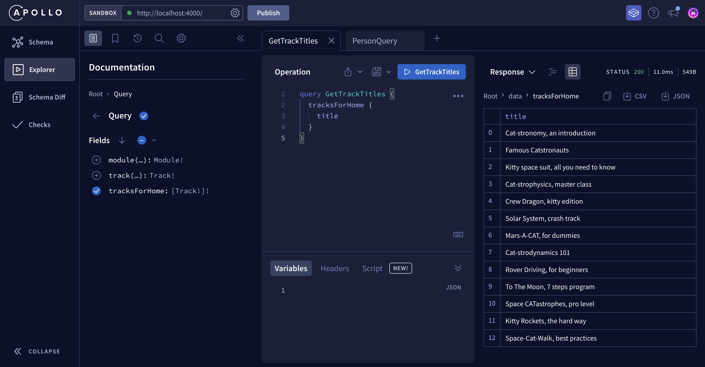 The Sandbox Explorer, showing a GetTrackTitles query and the data we get back when we run it