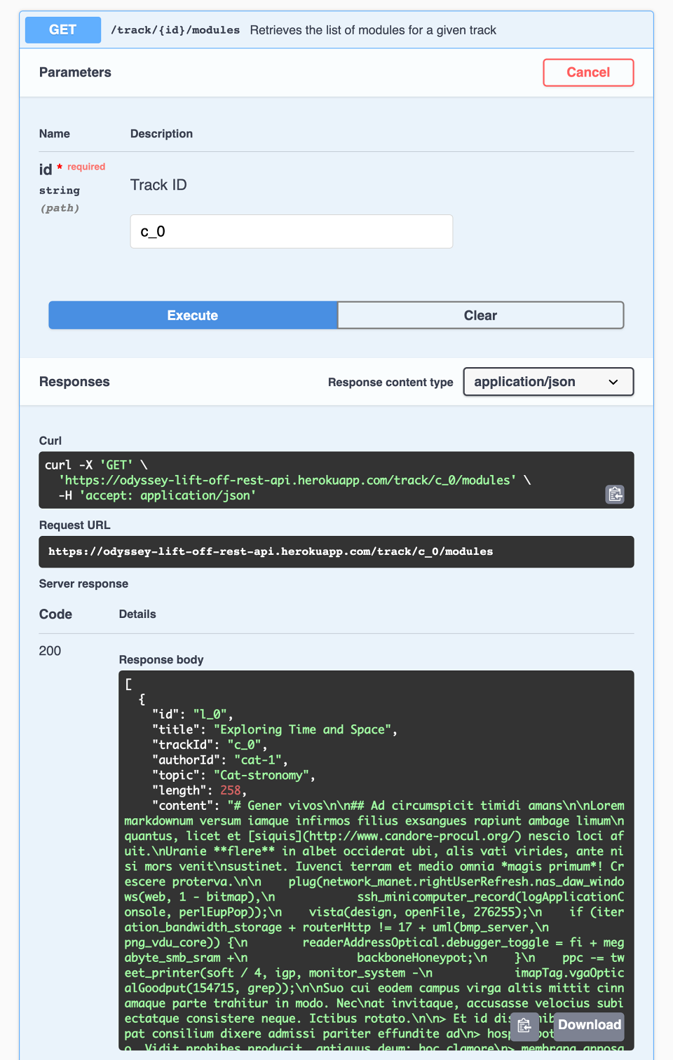 Screenshot of REST API docs with the GET track/:id/modules endpoint