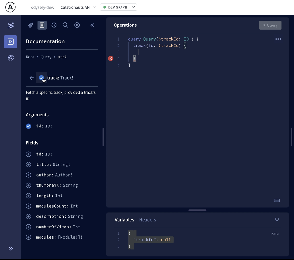 Screenshot of Apollo Studio Explorer with Operations panel pre-filled