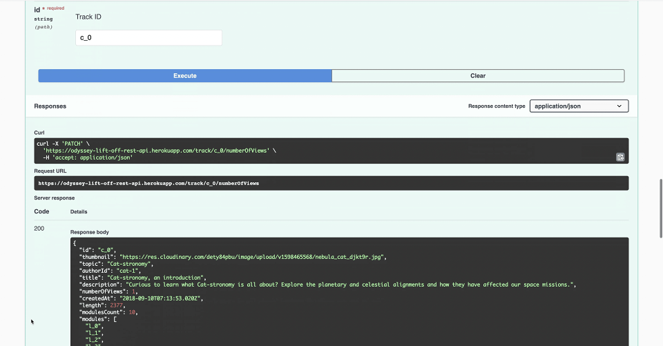 Screenshot of REST API PATCH endpoint with 200 successful response