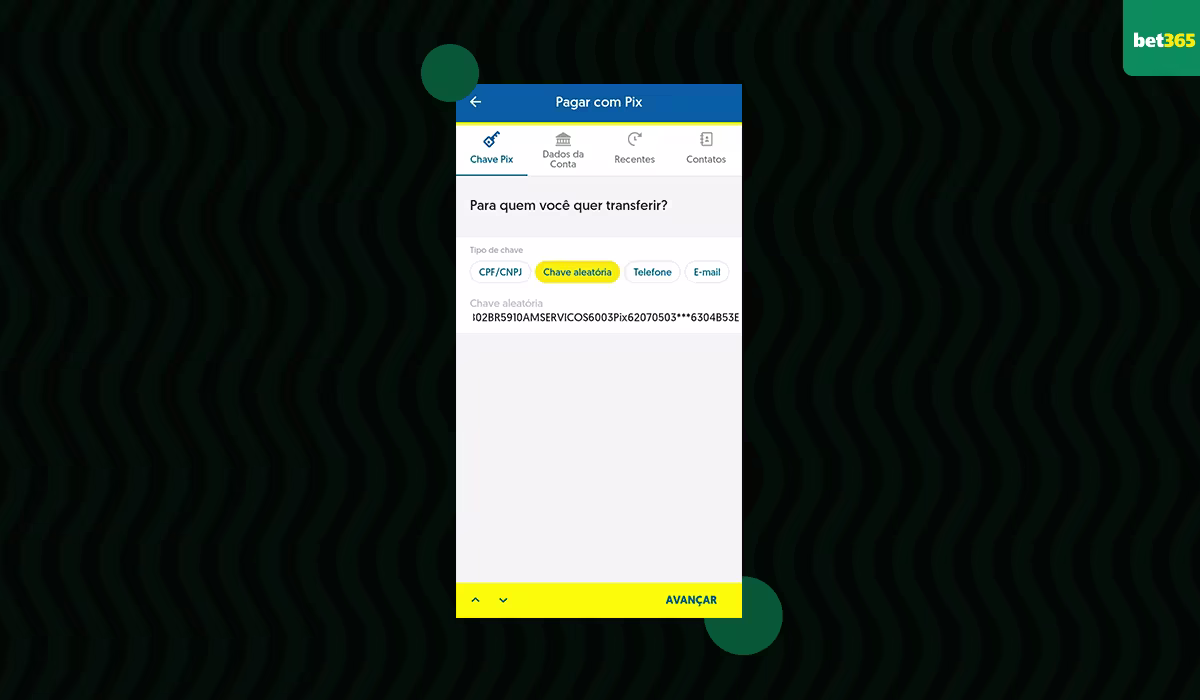 tela banco transferencia pix bet365