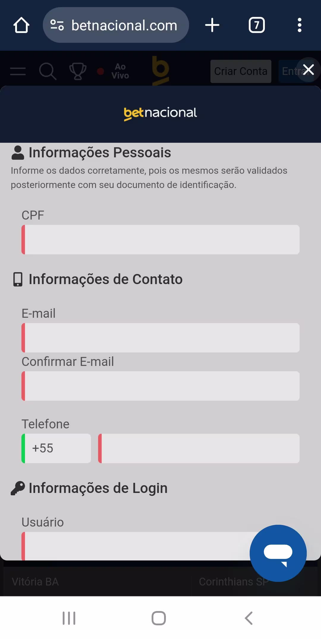 tela criar conta betnacional