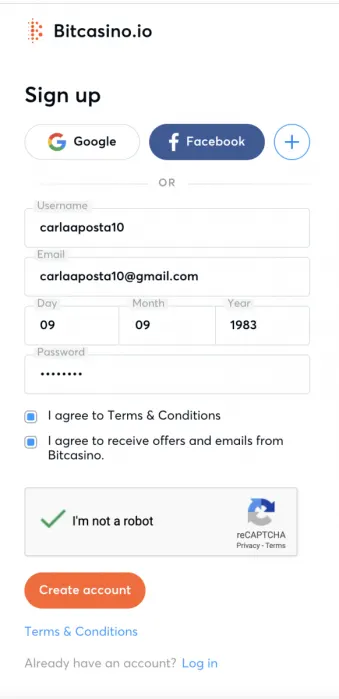 tela de cadastro preenchida bitcasino.io