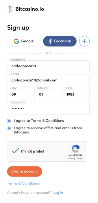 tela de cadastro preenchida bitcasino.io