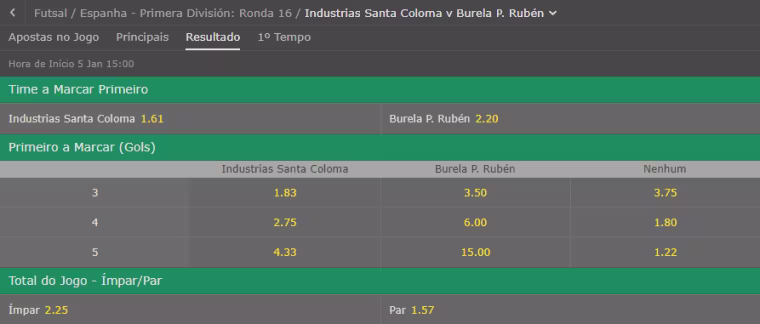 odds bet365 quem marcar primeiro futsal