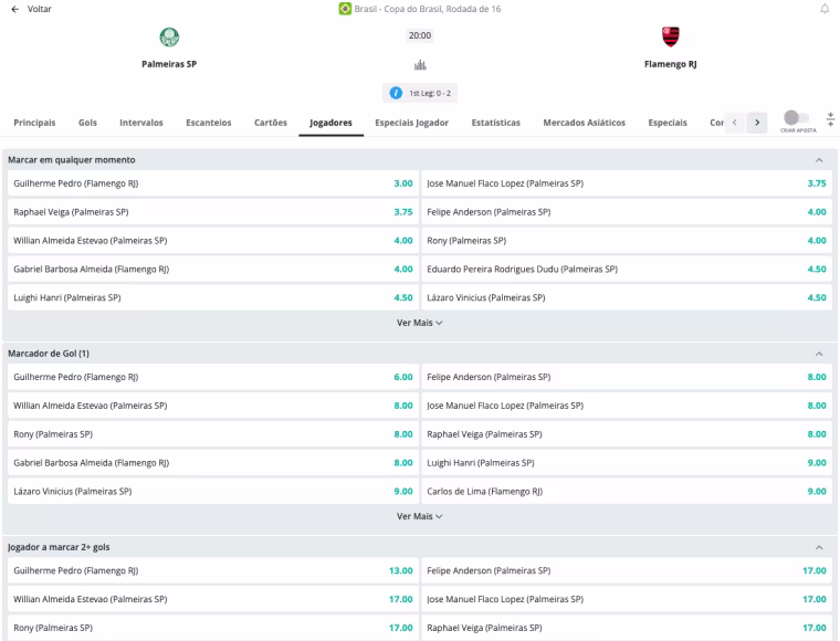 Captura de tela do site da Novibet na página do jogo Palmeiras x Flamengo com mercados de apostas em jogador para marcar