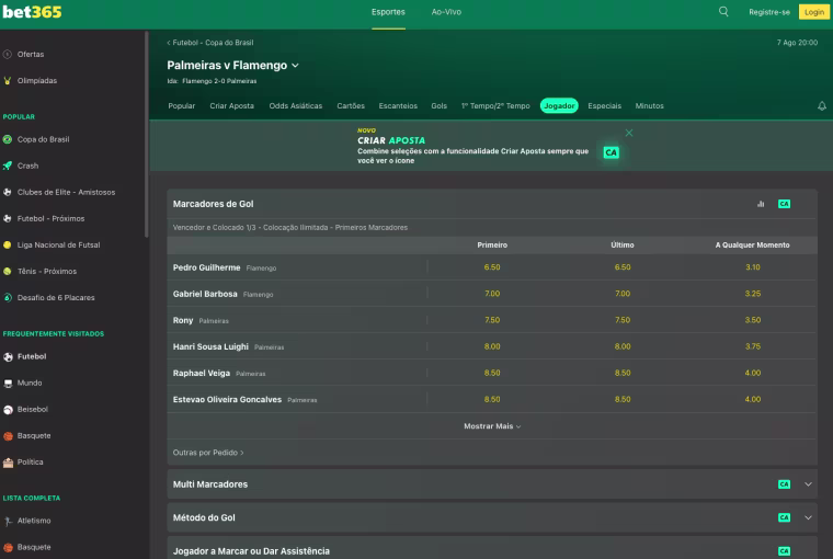Captura de tela do site da Bet365 na página do jogo Palmeiras x Flamengo com mercados de apostas em jogador para marcar