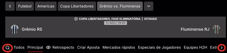 Printscreen da página do jogo Grêmio x Fluminense pela Copa Libertadores da América no site da KTO