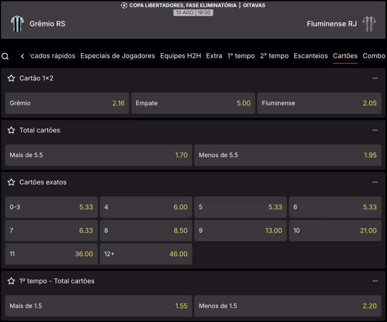 Printscreen do mercado de cartões na página do jogo Grêmio x Fluminense pela Copa Libertadores da América no site da KTO