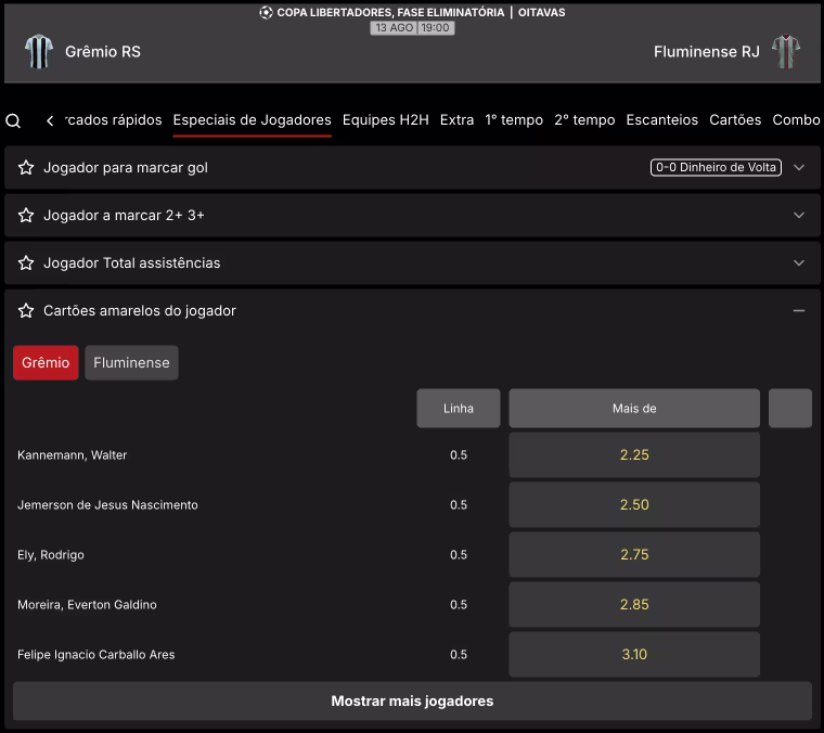 Printscreen do mercado Especiais do Jogador - Cartões amarelos do jogador na página do jogo Grêmio x Fluminense pela Copa Libertadores da América no site da KTO