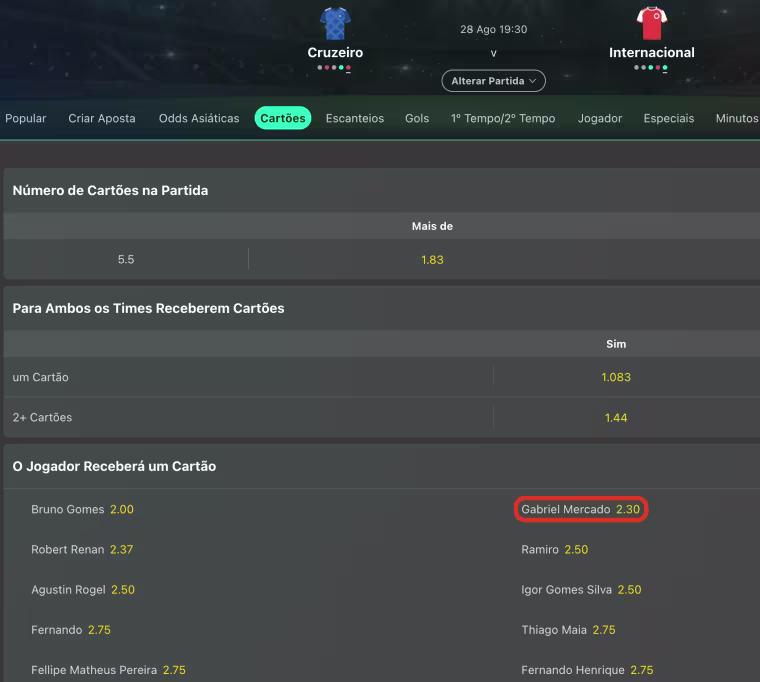printscreen bet365 cartoes amarelos cruzeiro x internacional
