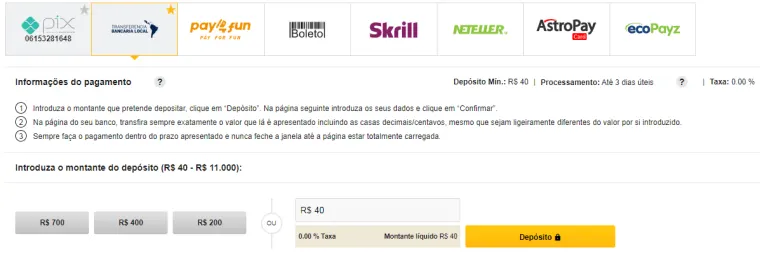 depósito mínimo betfair