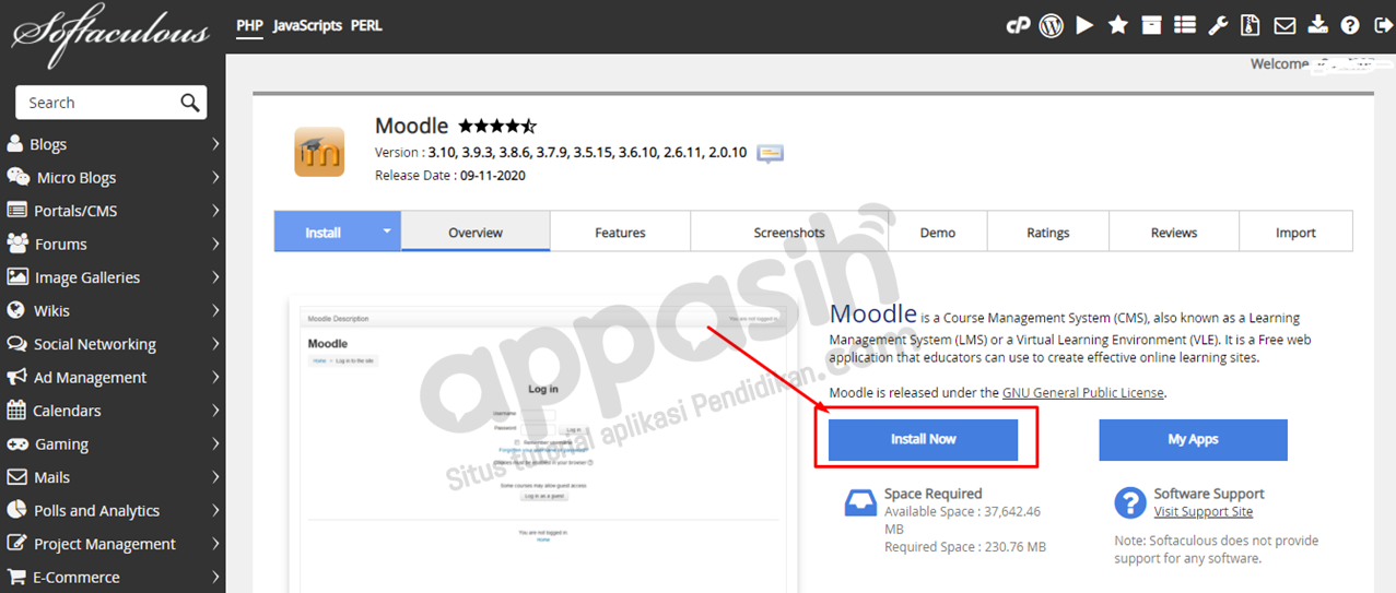 install moodle di hosting
