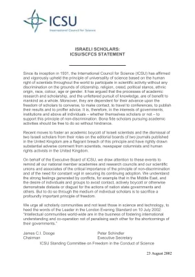 Israeli Scholars: ICSU/SCFCS Statement