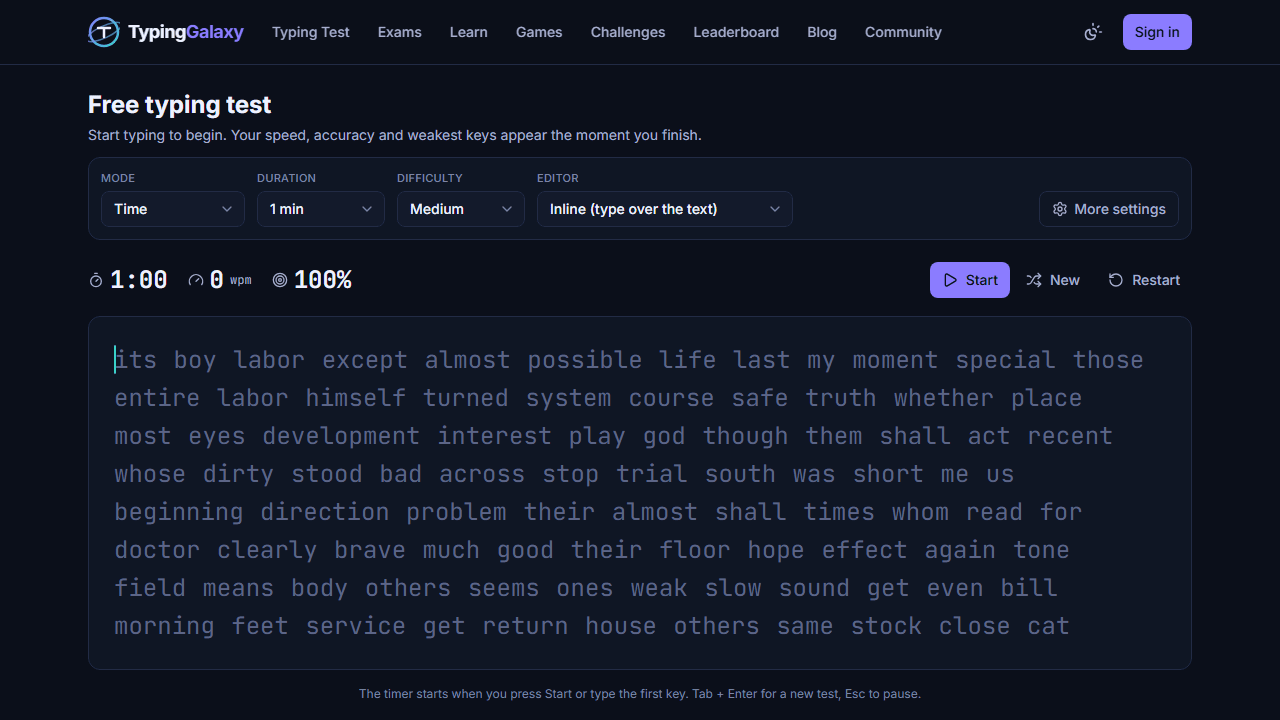 Typing Galaxy typing test with mode, duration and difficulty settings