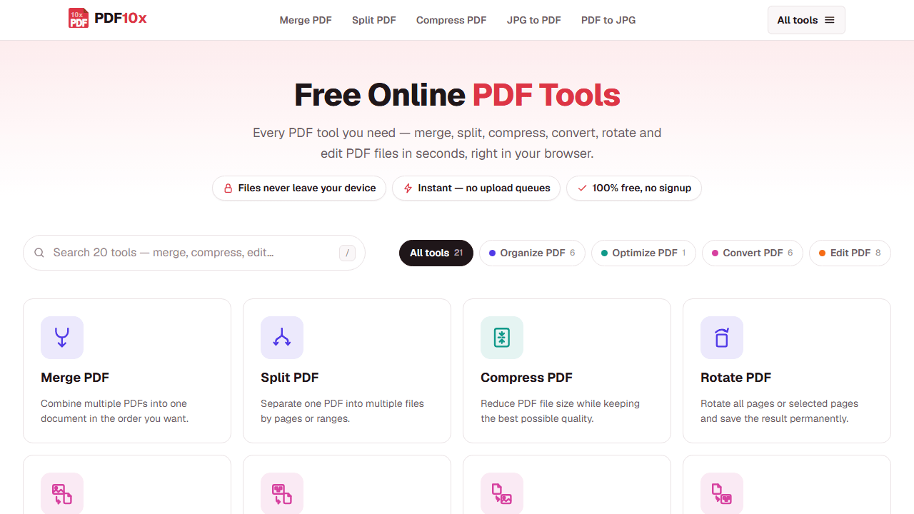 PDF10x web app showing all PDF tools by category