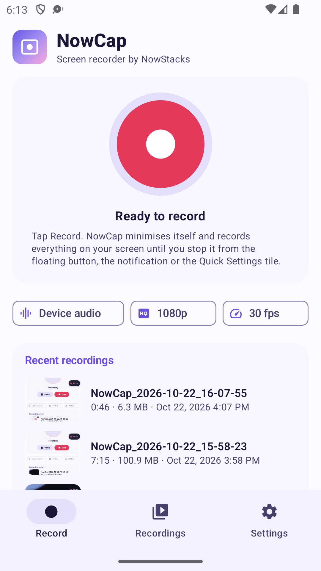 NowCap for Android — NowCap home screen with the Record button and audio, resolution and frame-rate chips