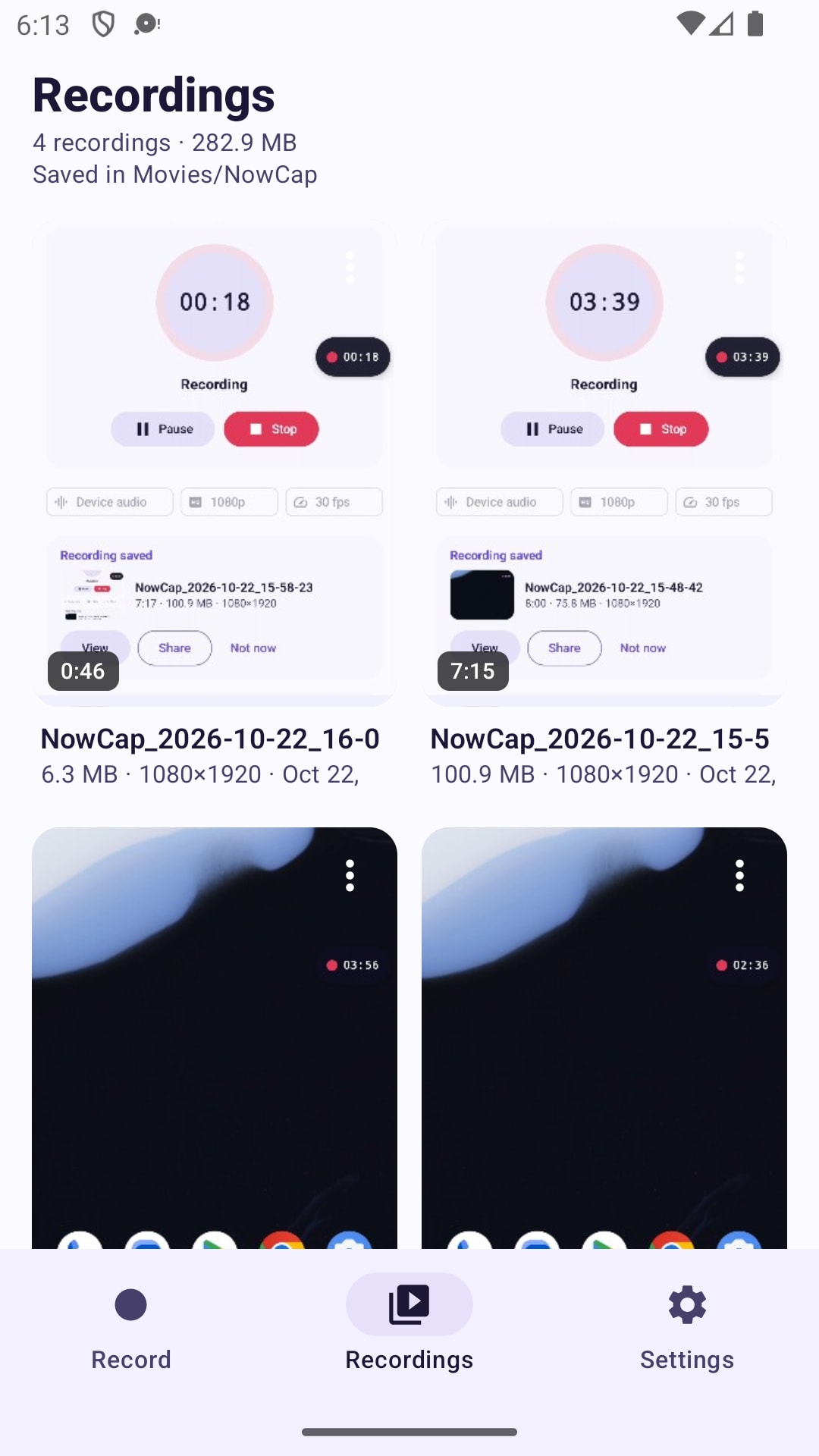 NowCap for Android — Recordings grid with thumbnails, duration and size