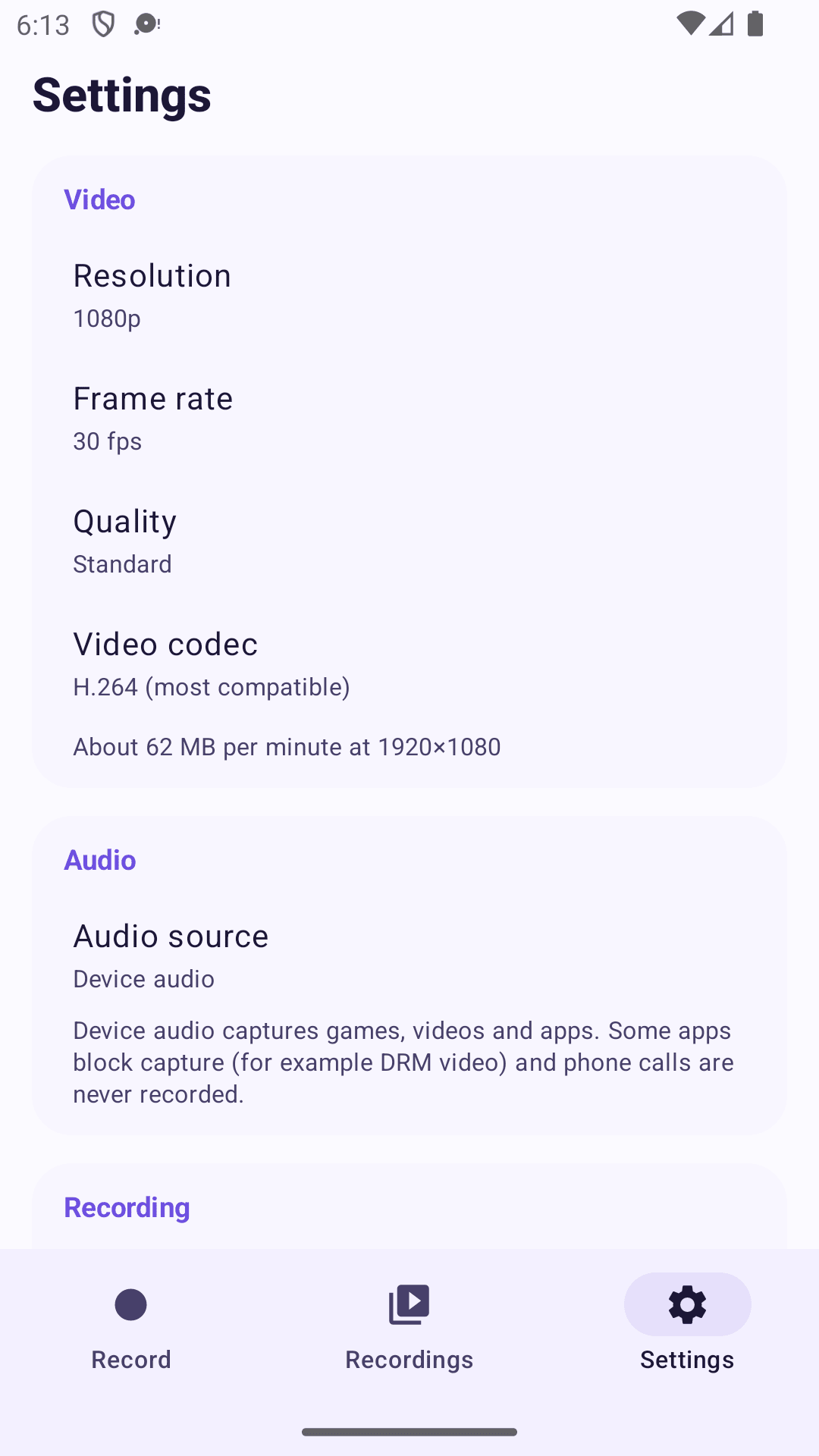NowCap for Android — Settings: resolution, frame rate, quality, codec and audio source