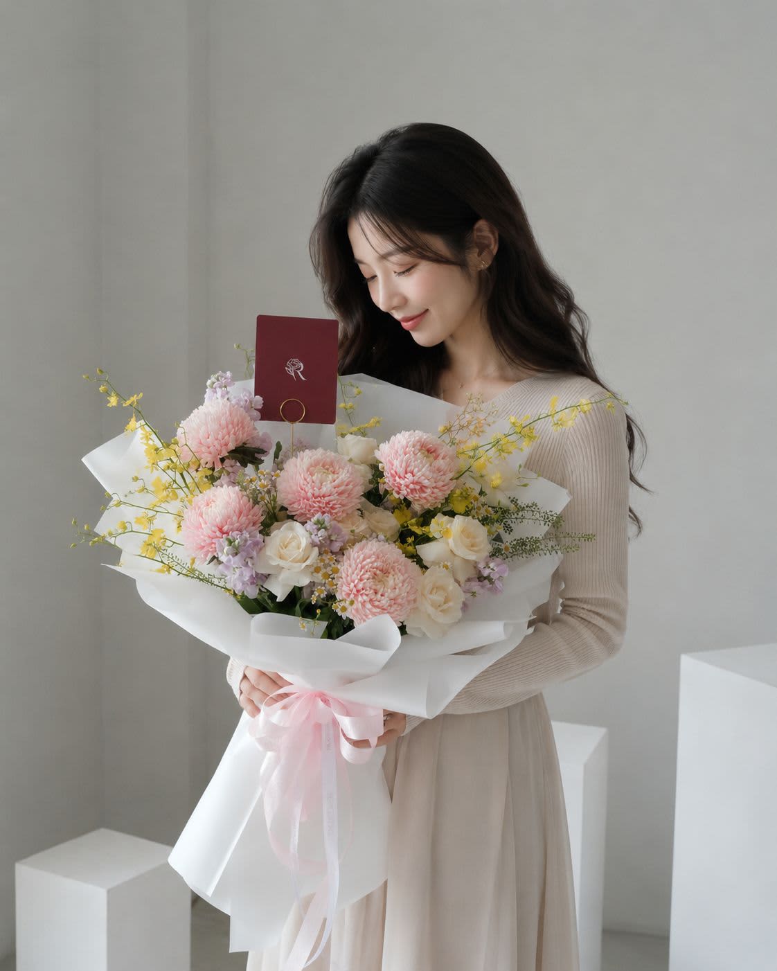 After Winter - Soft pink peony mum, delphinium & matthiola with chamomile — spring after winter. - Rena The Blossom Jakarta