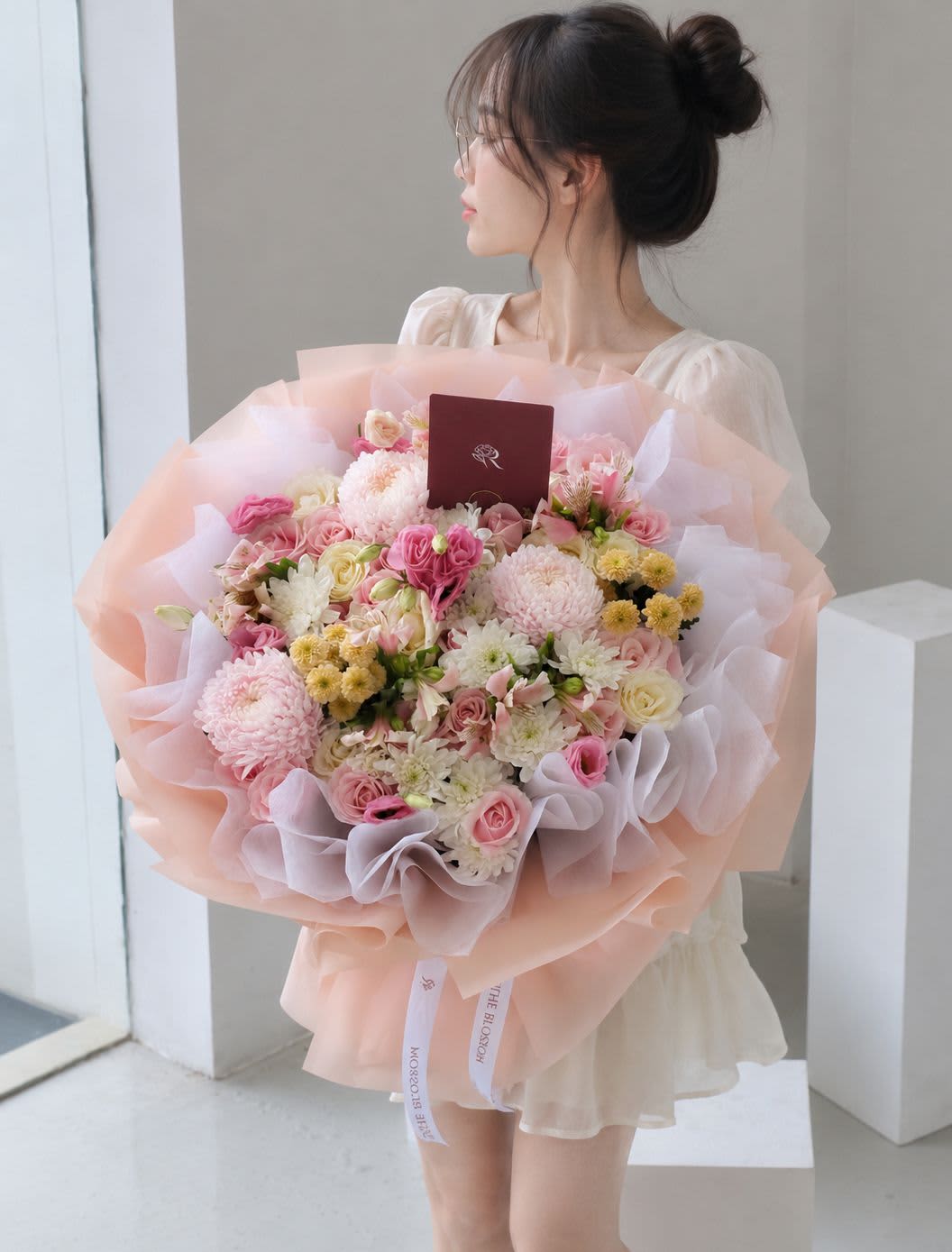 The Pink Embrace - White & pink roses with pink alstroemeria, lisianthus & peony mum — a warm pink embrace. - Rena The Blossom Jakarta