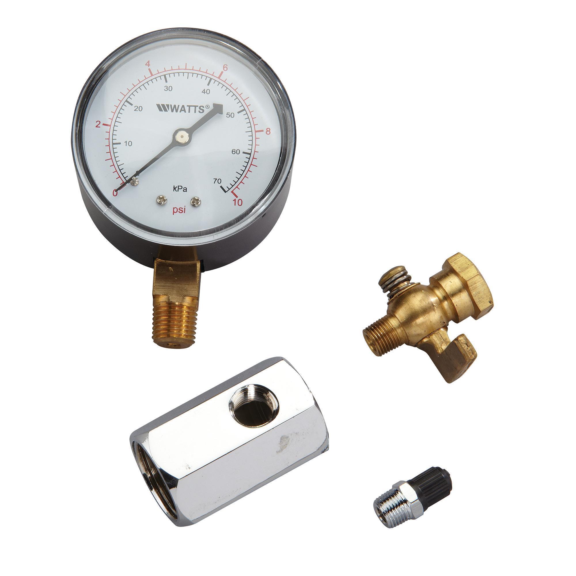 Aquifer Distribution | WATTS 0069785 Dual Scale Air Test Gauge Assembly, 0  to 10 psi/69 kPa Pressure, 3/4 in FNPT Connection, 2-1/2 in Dia Dial, 0.02  % Accuracy