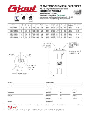 Aquifer Distribution | GIANT FACTORIES 172STE-3S8M-E8 172STE Electric Water  Heater, 61 gal Tank, 240 V