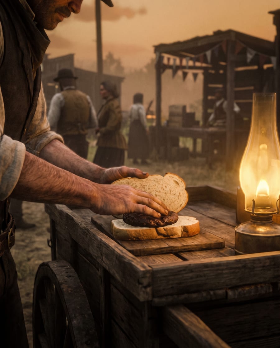 A vendor flattening a Hamburg steak between two slices of bread at an 1885 American county fair