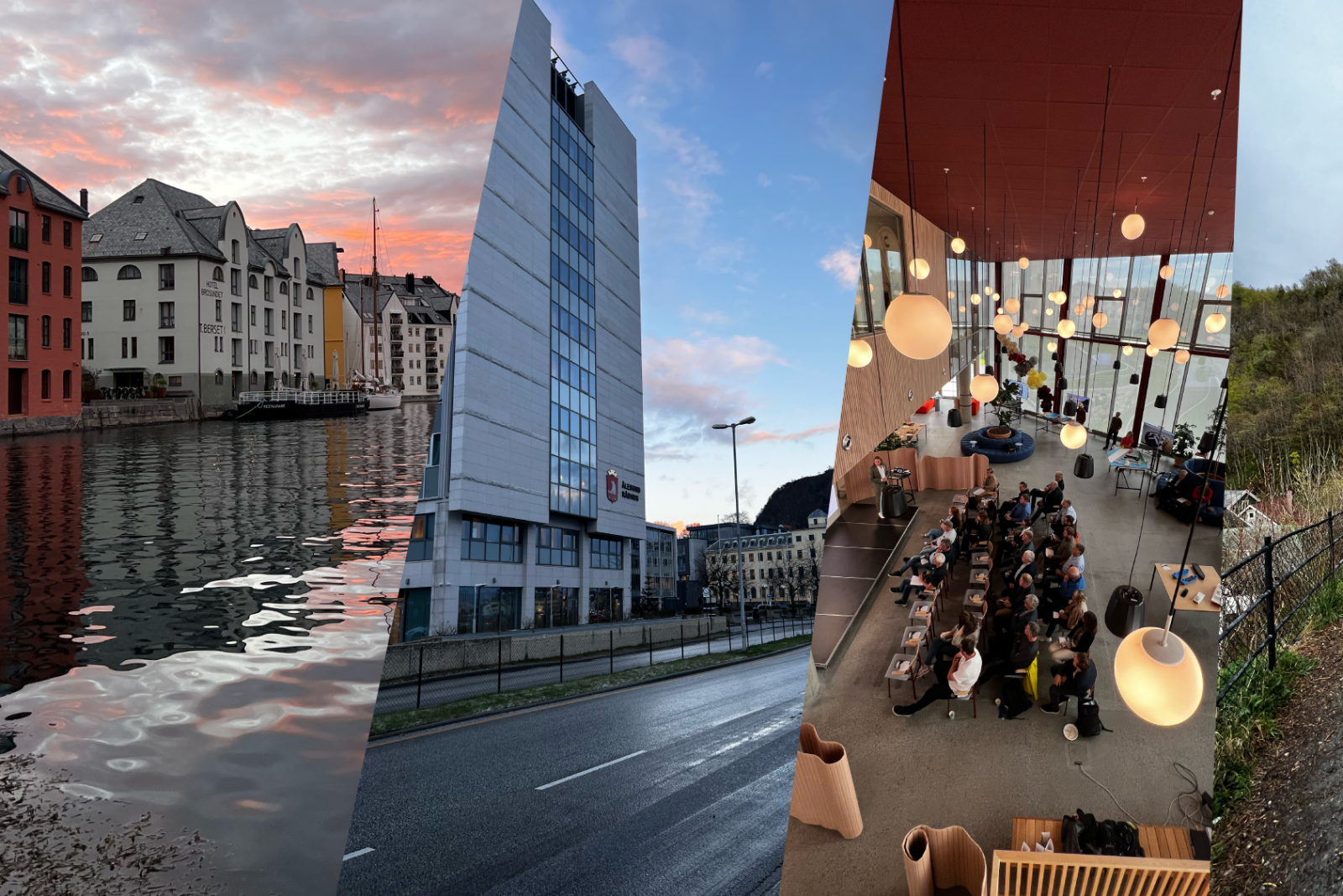 Bildet er sammensatt av fire bilder. Fra venstre ser man brosundet i solnedgang, Ålesund rådhus, innsiden av Sundebygget og aksla