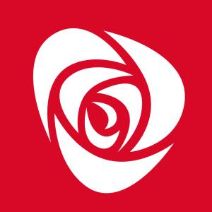 Arbederpartiets logo, hvit rose på rød bakgrunn