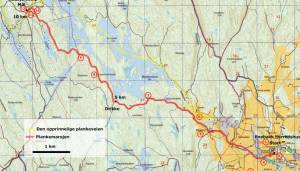 Kart som viser Plankemarsjens rute gjennom Østmarka, fra Kirkebygda til Rausjø