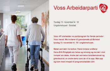 Voss AP utarbeider no partiprogram for første periode i Voss herad. Me inviterer til grendamøte på Bolstad tysdag 13. november klokka 1800 i Ungdomshuset.
